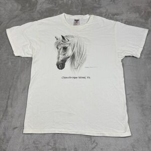 Vintage Horse Shirt Mens Large White Drawing Equestrian Pony Chincoteague Island